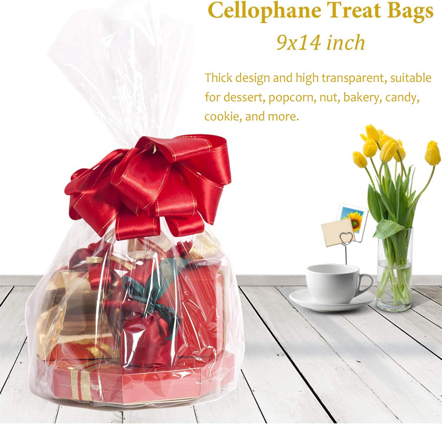 Morepack Cello Cellophane Treat Bags,200 PCS Clear Pastic Gift Bags with Twist Ties,Party Favor Bags (9"x14")