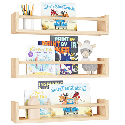 16.5 Inch Set 3, Fixwal Nursery Shelves, Floating Bookshelves for Wall of Baby Nursery Decor, Solid Wood Wall Mounted