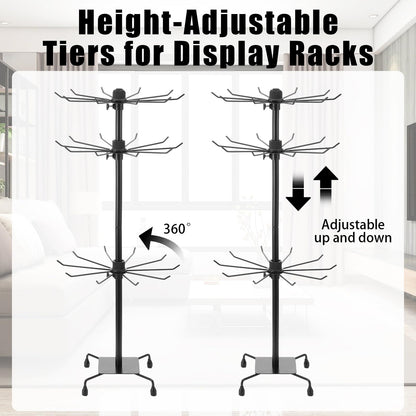 Kifmurase 3-Tier Rotating Display Stand, Matte Black Metal Jewelry Tree Stand with Hooks, Adjustable Height Retail Display Rack for Vendor Events, Craft Shows (28" H, 11.8" Dia)