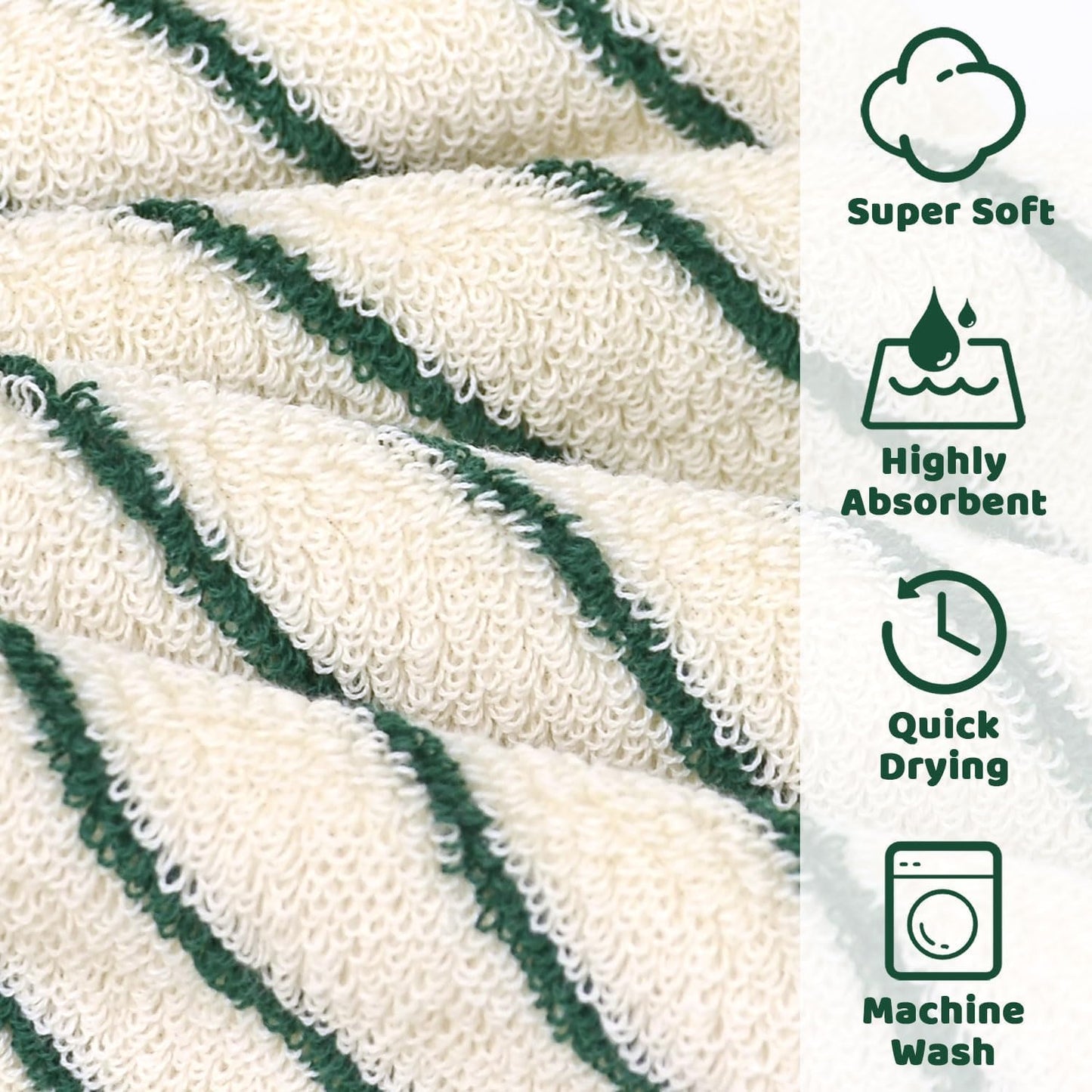 12 Pack, 13 13 Jacquotha Striped Cotton Washcloths x - Soft Wash Cloths for Bathroom, Kitchen, Gym, Face, Green