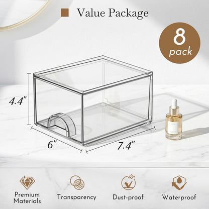 Zeawec 8 Pack Small Clear Stackable Acrylic Storage Boxes for Art Tool & Sketch, Storage Drawers, Storage Organizer, Clear Plastic Makeup Organizer, Ideal for Vanity, Cabinet, Desk Organization