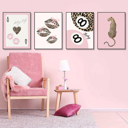 4 Pack Leopard Print Coquette Diamond Art Kits for Adults, Pink Bow Diamond Painting Kits for Beginner, Diamond Dots Full Drill Crafts for Gem Art Home Wall Decor for Teens Girls 5D DIY 12x16in