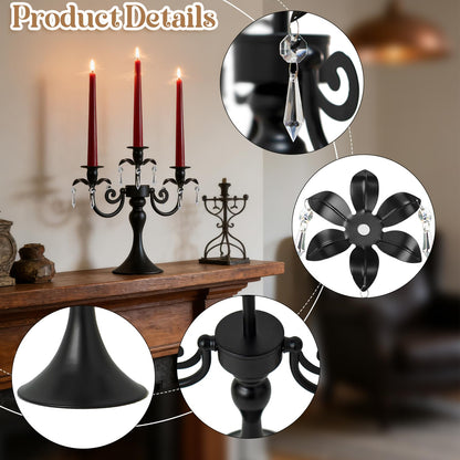 KEHAIL Metal 3 Arm Candelabra with Crystal Pendants - 11.8 Inch Tall Candle Holders, Set of 2 - Elegant Taper Candlestick Stand for Wedding, Dining Table, Christmas Party Home Decoration (2, Black)
