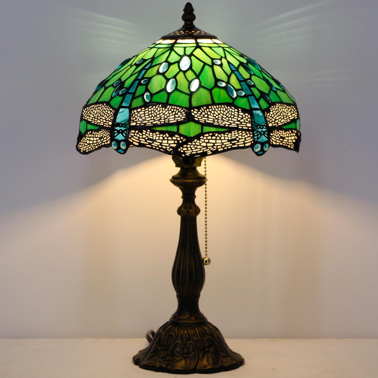 ZJART Tiffany Table Lamp Stained Glass Lamp 12X12X19 Inch Antique Reading Light (Green Dragonfly)