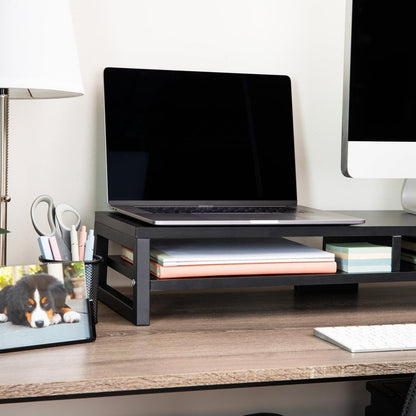 Mind Reader 2-Tier MDF Double Monitor Stand, Dual Screen Riser with Storage Shelf, 33.75 Inch Wide, 88 lb Capacity, Black