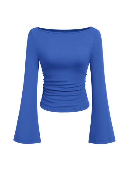 PRETTYGARDEN Women's Long Sleeve Shirts 2025 Fall Crop Going Out Tops Casual Boat Neck Bell Sleeve Ribbed Ruched Y2K Clothes