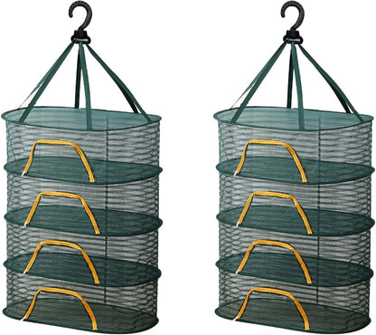 WALLBIG 2Pack 4Layer Foldable Mesh Drying Rack, Zipper Hanging Rack for Herbs, Indoor/Outdoor (Green)