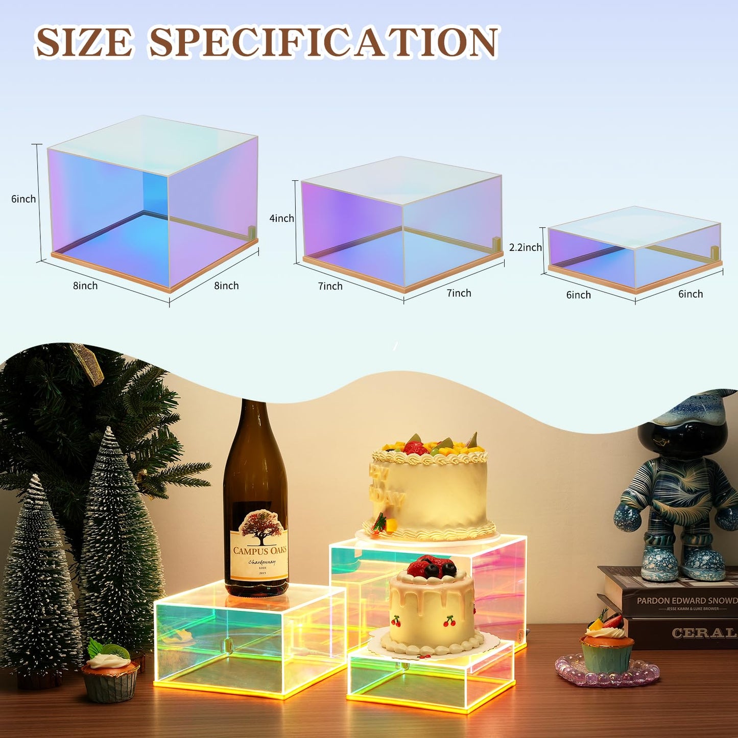 Prismatic Iridescent Display Risers with Plug and Play LED Lights, 3pc-6" 7" 8" Stackable Lighted Cube Box for Figures Jewelry Perfume Purse, Neon Acrylic Display Stands, Rainbow Food Buffet Riser