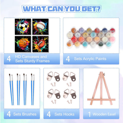 bleihum 4 Pack Paint by Numbers Kit for Kids with Frame Wooden Easel, Easy Paint by Number Kids Sports, DIY Acrylic Oil Football Painting by Numbers for Home Wall Decor 8x8 Inch