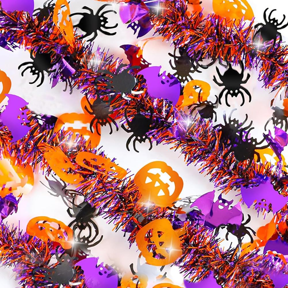 66 Ft Halloween Tinsel Garland with Orange Pumpkin Black Spider Purple Bat Glitter Tinsel Garland for Home Tree Ornaments Indoor Outdoor Party Halloween Decorations