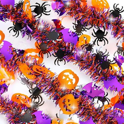 66 Ft Halloween Tinsel Garland with Orange Pumpkin Black Spider Purple Bat Glitter Tinsel Garland for Home Tree Ornaments Indoor Outdoor Party Halloween Decorations