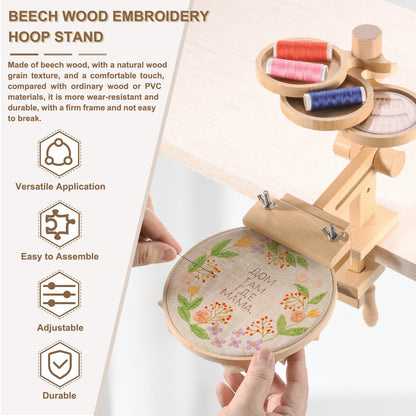 PATIKIL Embroidery Hoop Stand, Adjustable Beech Wood Cross Stitch Stand Holder with Built-in Storage Tray for DIY Art Craft, Sewing, Needlework Projects, with 6" & 8" Embroidery Hoop