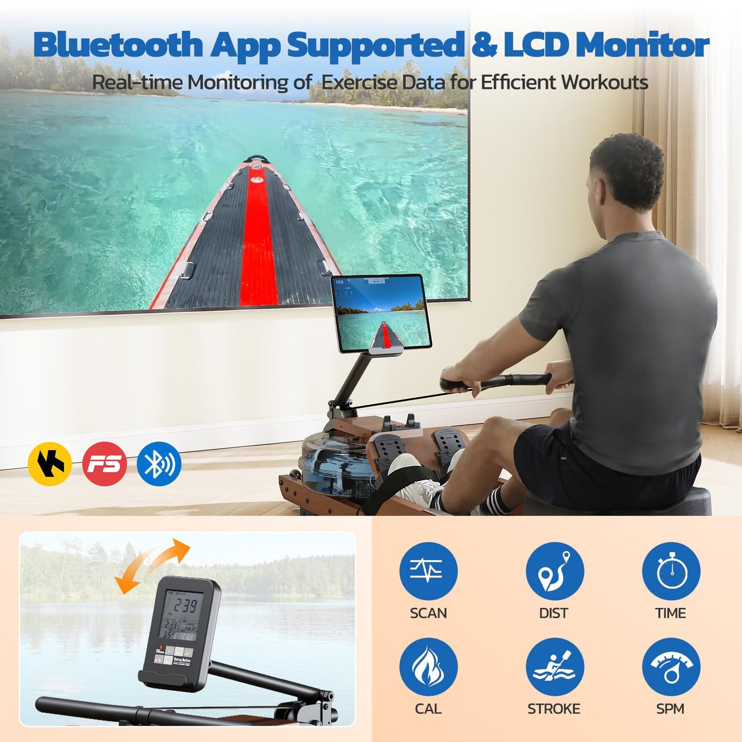 Dripex Water Rowing Machines for Home, Foldable Row Machine with 400LBS Weight Capacity, Rower Machine with Dedicated LCD Monitor, Comfortable Seat, Bluetooth App Compatible for Home Gym Exercise