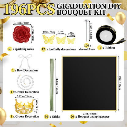Daifunli 196 Pcs Graduation Gifts DIY Glitter Roses Bouquet Kit Artificial Flower Bouquet Kit Grad Birthday Gifts Flower Wrapping Paper 3D Butterflies Crowns for Grad Wedding Anniversary(Red)