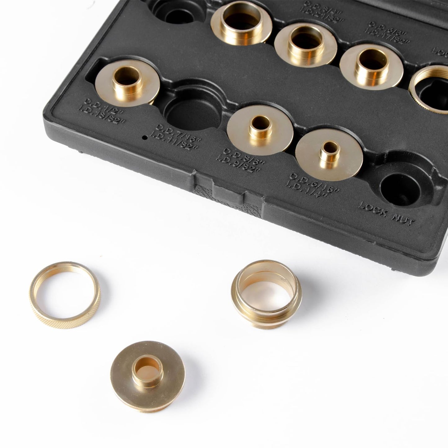 O'SKOOL Router Bushing Set, Brass Template Guide Bushings for Woodworking, 5/16" to 1", Fits 1-3/16" Router Sub-base, Porter Cable Style, 10-Piece with Lock Nuts, RA02