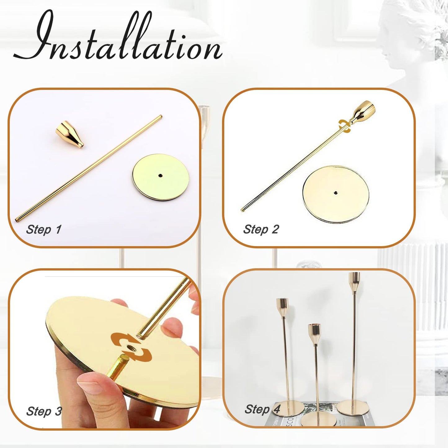 6Pcs Lemon Gold Candlestick Holders, Tall Taper Candelabra Stands fits 3/4 inch Thick Pillar Candle Stick, Elegant Decor Set for Table Centerpiece, Floor, Fireplace as Date, Festival, Fitting.