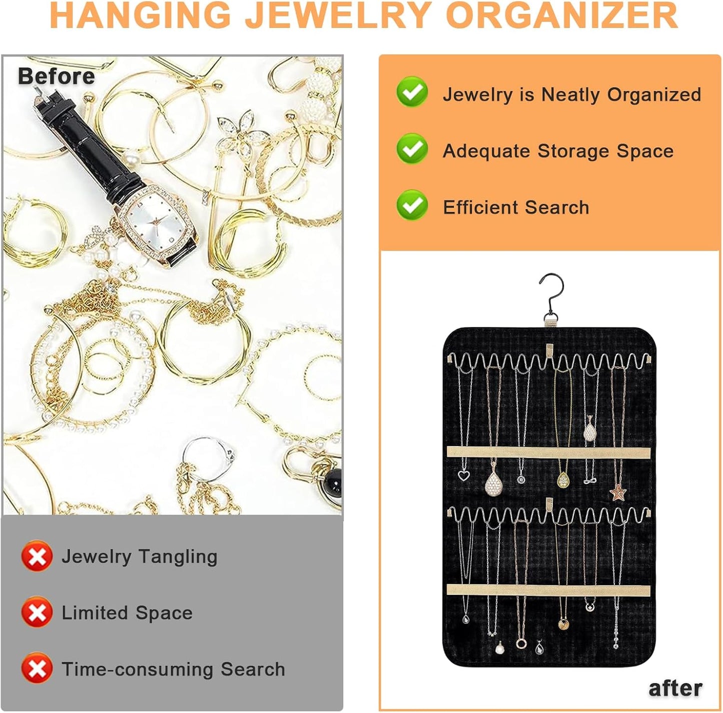 Double Sided Hanging Jewelry Organizer, 32/48 Pockets, 14/21 Hook Loops, Foldable Travel Jewelry Roll Organizer for