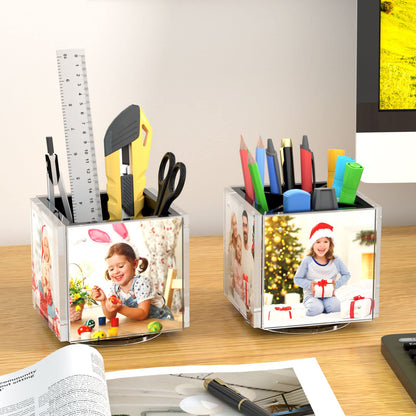 HIIMIEI Acrylic Picture Frames for Desk, 4-side Magnetic Photo Cube Pen Holder 4"x 4", 360° Rotating Desktop Organizer for Pencil, Makeup Brushes, Home, Office (Black)