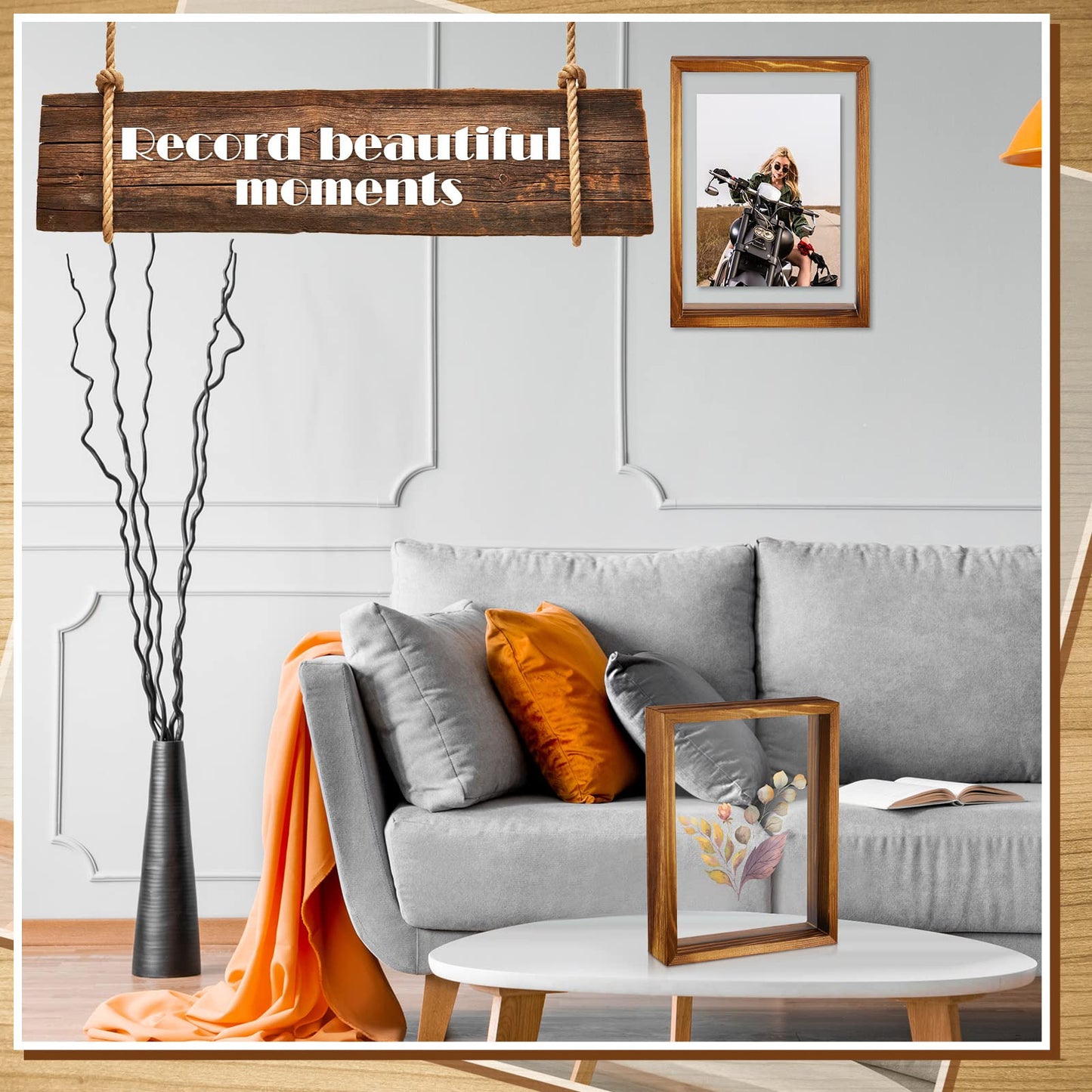 Yalikop 2 Pcs 5 x 7 Floating Picture Frames Wooden Pressed Flower Frame Double Acrylic Rustic Artwork Wall and Tabletop Display Photo, Gift for Family Friends Wedding DIY Gifts