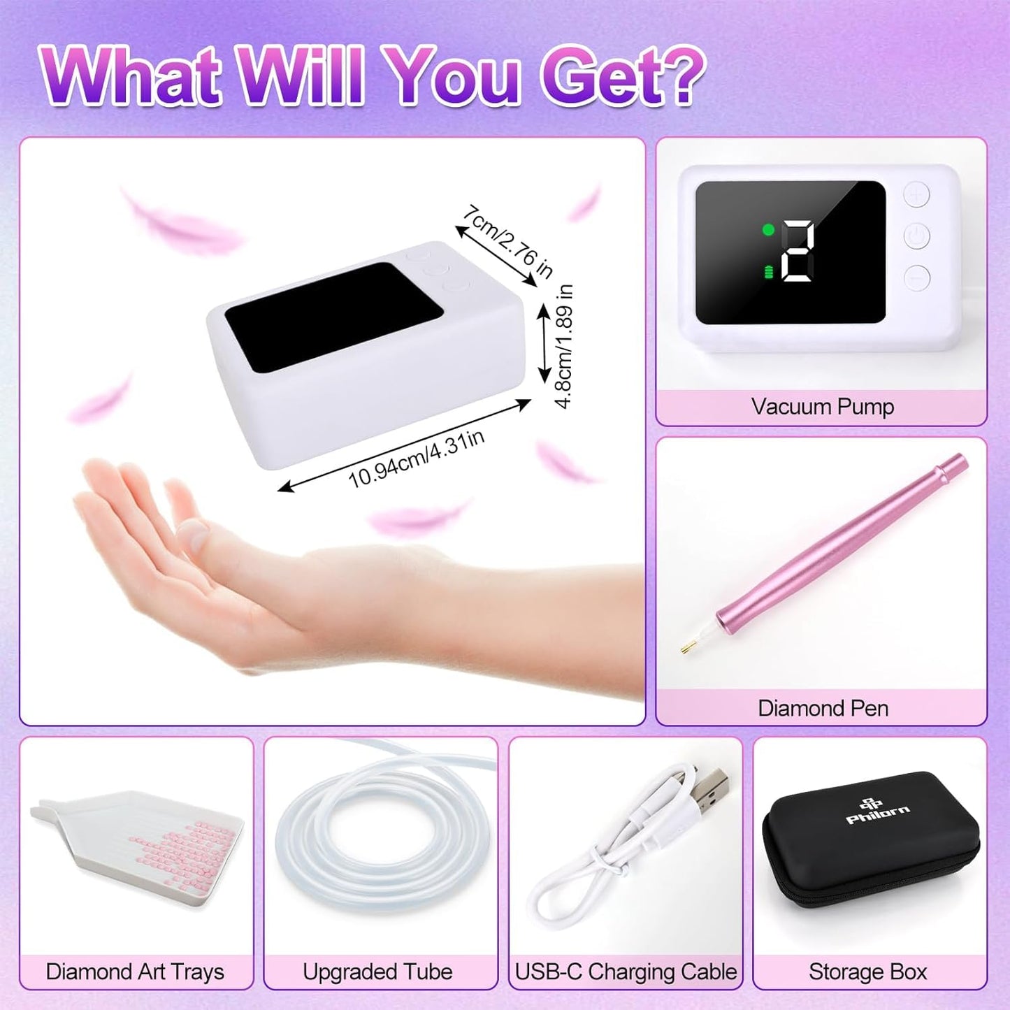 Philorn Electric Diamond Painting Pens, Rechargeable Cordless Diamond Art Pen, 1200mAh, Diamond Art Vacuum Pen with Storage Case, 5 Suction Levels, LED Screen Display, Diamond Art Accessories