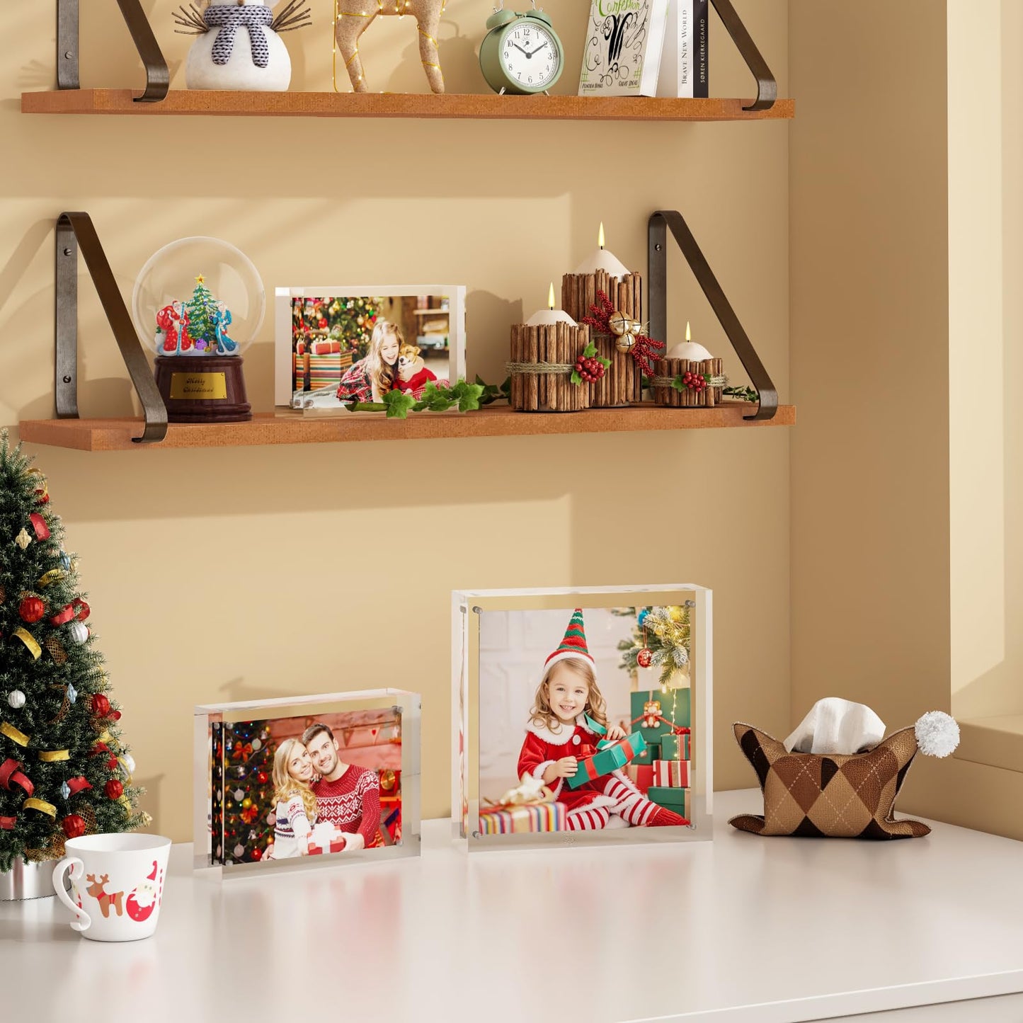 Egofine 5x7 Acrylic Frames 6 Pack, 20mm Thicker Frameless Clear Picture Frames, Double Sided Magnetic Picture Frames, Free Standing Desktop Display