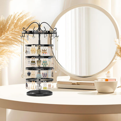 MODOWEY Rotating Jewelry Holder Organizer Stand, 5 Tier Metal Adjustable Display Tree, 228 Hole Earring Tower for Stud Dangle, 17 Hook Necklace Bracelet Storage Rack, Versatile Compact Hanger, Black