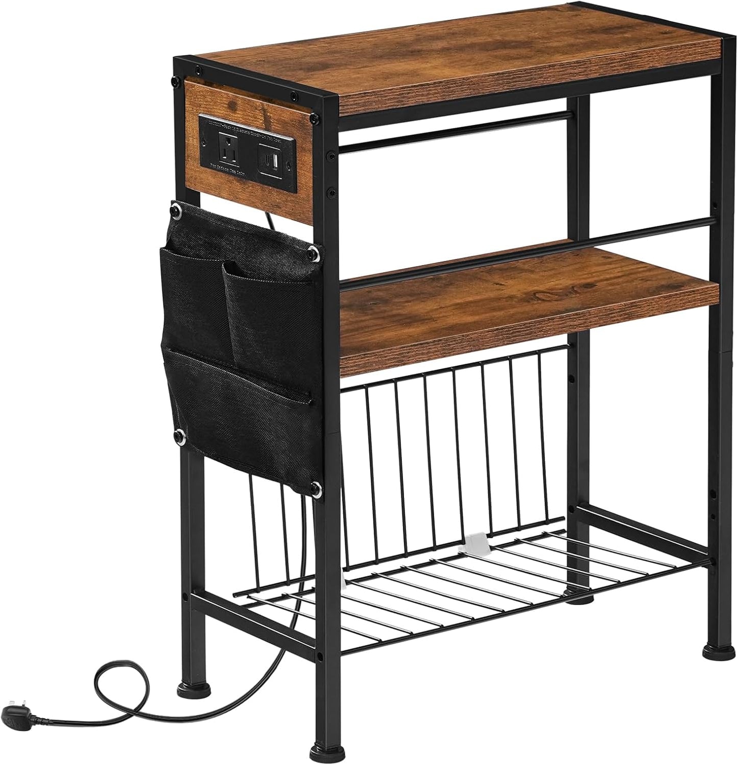 3-Tier BF412UBZ01 HOOBRO End Table with Charging Station, Small Side Table with Magazine Holder, Nightstand Bedside