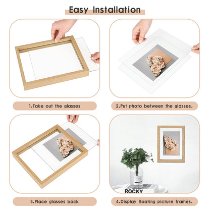 MUYE 11x14 Floating Frame Set of 2,Double Glass Rustic Frame,Display Any Size Photo up to 11x14,Wall Mount or Tabletop Standing,Natural