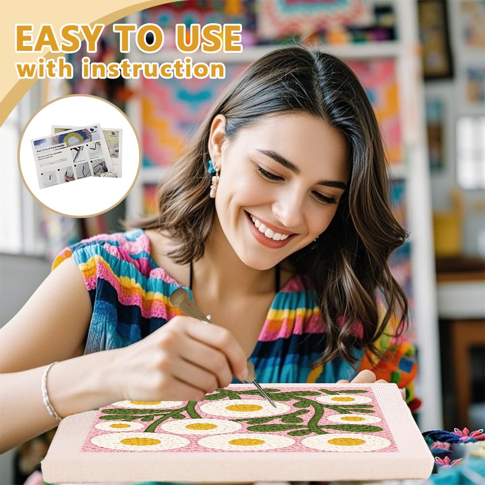 DOODLREAM Round Flower Needle Kit for Beginner, 9.4"x 9.4" Cute Floral Punch Stitching Craft Set, DIY Embroidery Starter with Printed Frame, Instruction, Threader, Yarn, Pinch Needle