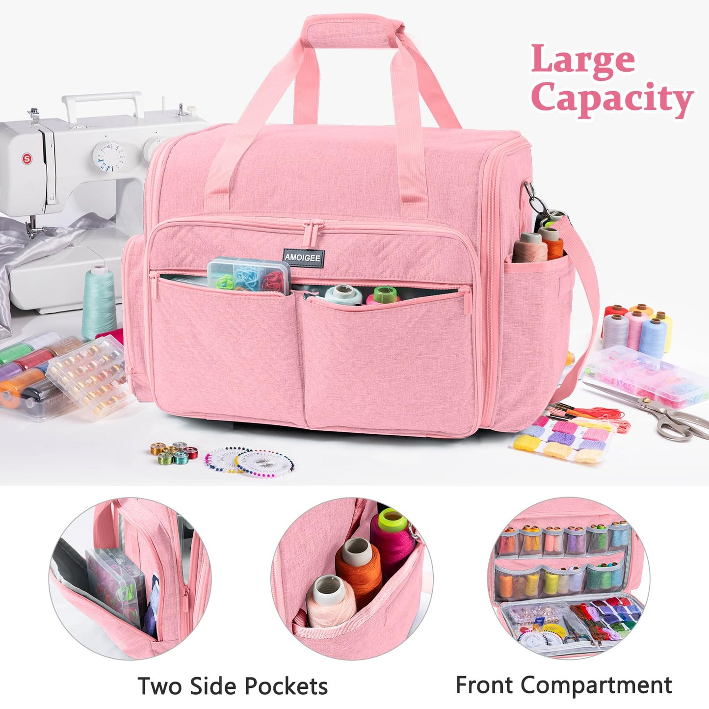 AMOIGEE Full-Open Sewing Machine Case with Wheels, Large Rolling Sewing Machine Bag with Detachable Foldable Dolly, Heavy-Duty Embroidery Tote for Brother Singer Janome Standard Machines Storage