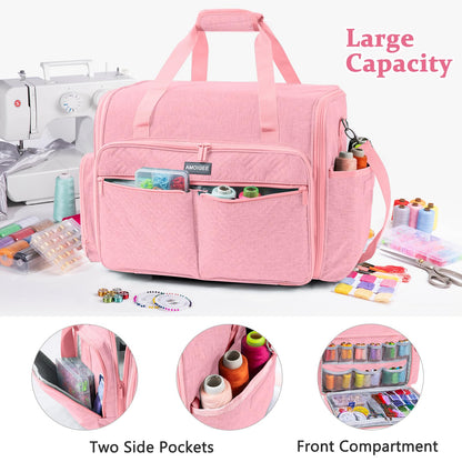AMOIGEE Full-Open Sewing Machine Case with Wheels, Large Rolling Sewing Machine Bag with Detachable Foldable Dolly, Heavy-Duty Embroidery Tote for Brother Singer Janome Standard Machines Storage