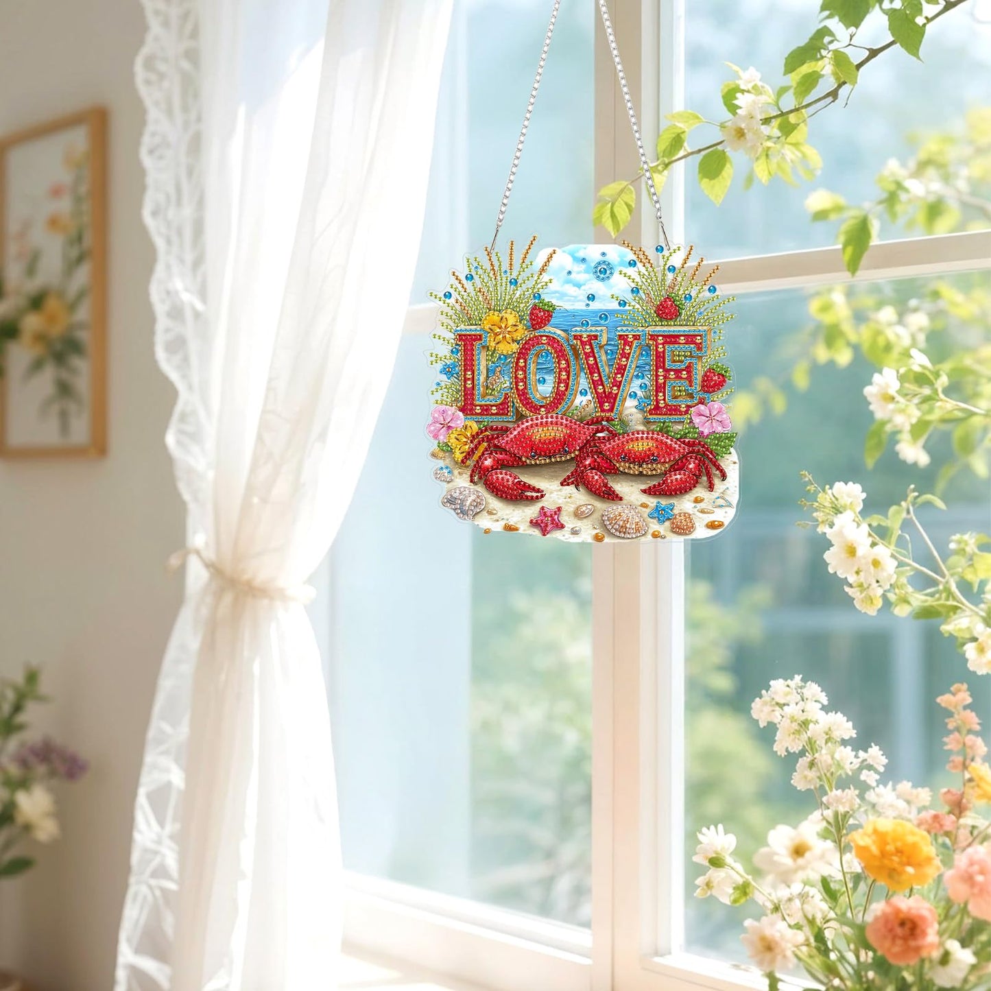 Lxmsja DIY Two Red Crabs Diamond Painting Hanging Ornament, Double-Sided Acrylic Ocean Diamond Art Kit, Special Shaped Suncatcher Hanging Pendant Window Art Kit