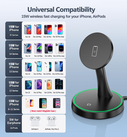 Magnetic Wireless Charger Stand 15W Fast Mag-Safe Charger for iPhone 16/16 Pro/16 Plus/16 Pro Max/15/14/13/12 Series Magnet Wireless Charging Station/Pad with Sleep-Friendly Light for AirPods