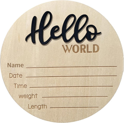 LZEDIRA 5.9 Inch Baby Announcement Sign, Wooden Hello World Newborn Sign Birth Announcement Signs, Hello World Nursery