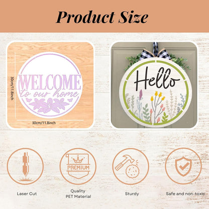 Baychendoo 9Pcs Welcome Stencils Set, 12" Round Spring Flower Designs, Reusable Templates for Door Hangers, DIY Crafts Wood Signs Painting Stencils for Home Decor