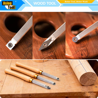 Mini Carbide Tipped Wood Lathe Turning tools Combo set Rougher Detailer Finisher with Wood Handle and Diamond Round Square Carbide Inserts，3pcs