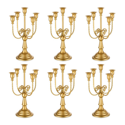 Romadedi Candelabra Gold Candle Holders - 5 Arm 11.8" Wedding Candlestick Holder for Theme Party Table Centerpiece Decor Dining Room Birthday Holiday Christmas, Set of 6