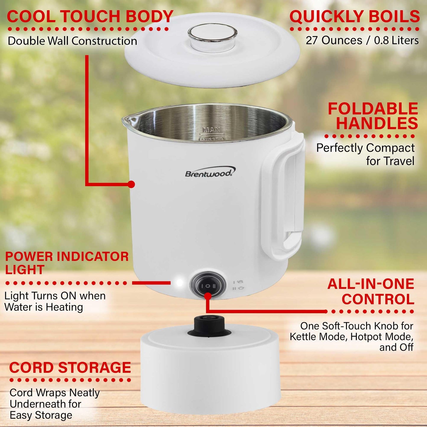 Brentwood KT-1504W 27oz Electric Travel Kettle & Hot Pot, Collapsible, Cool Touch Double Wall Stainless Steel Construction, Cordless with 360° Base, Auto Shut Off, Boil Dry Protection (White)