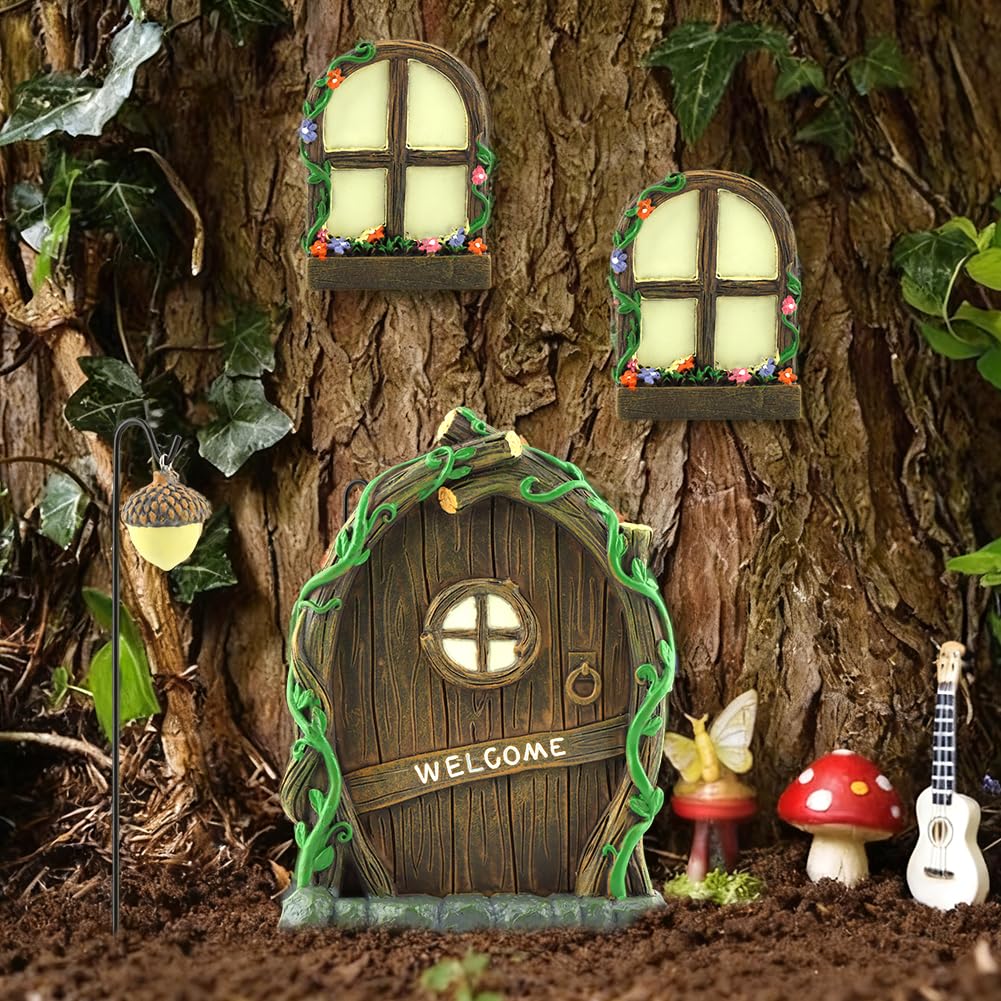 NOVYQREN Miniature Fairy Door and Windows Garden Kit Accessories,Glow in The Dark Fairy Door Windows Yard Art Sculpture Decoration Garden Decor(Wood)