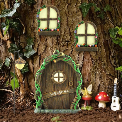 NOVYQREN Miniature Fairy Door and Windows Garden Kit Accessories,Glow in The Dark Fairy Door Windows Yard Art Sculpture Decoration Garden Decor(Wood)