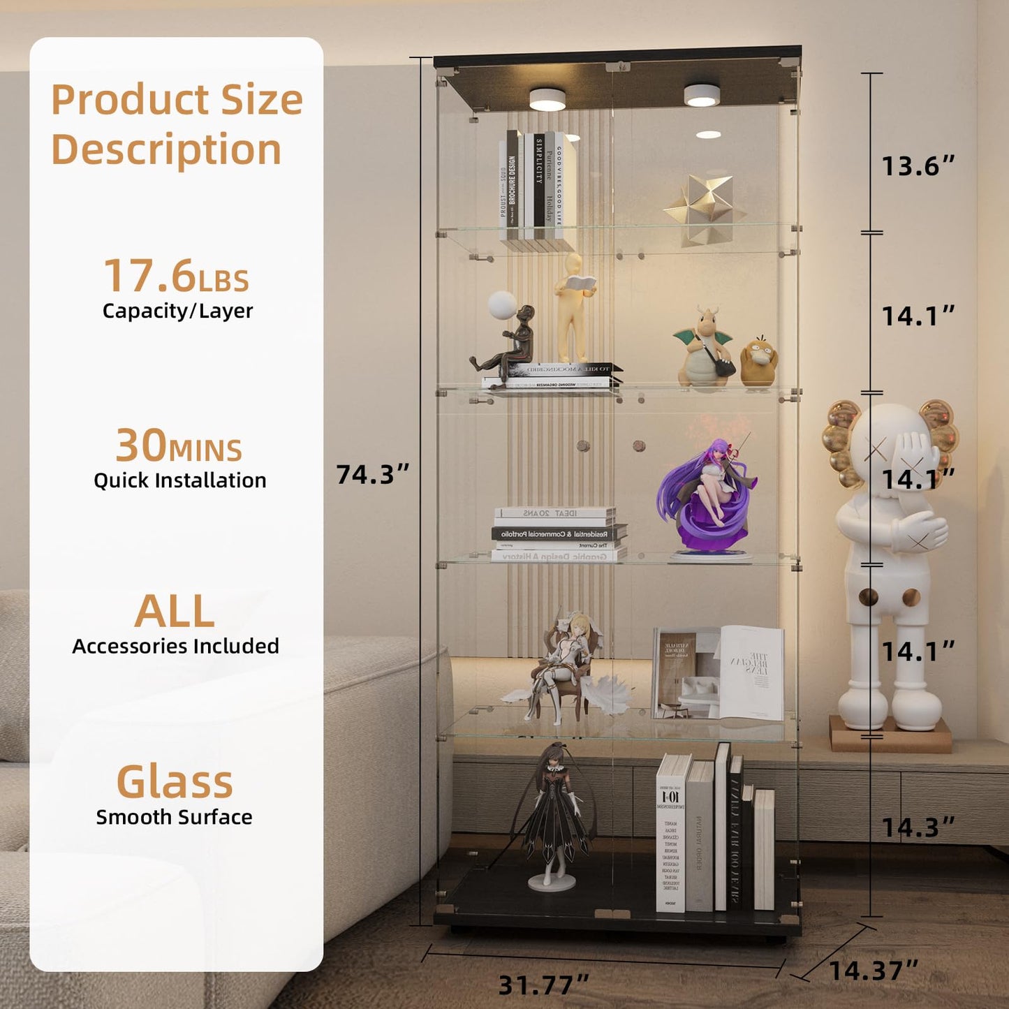 Beauty4U Glass Display Cabinet with Lights, 5 Shelves with 2 Doors, Curio Cabinets for Living Room, Bedroom, Office, Black Floor Standing Glass Bookshelf, Quick Installation