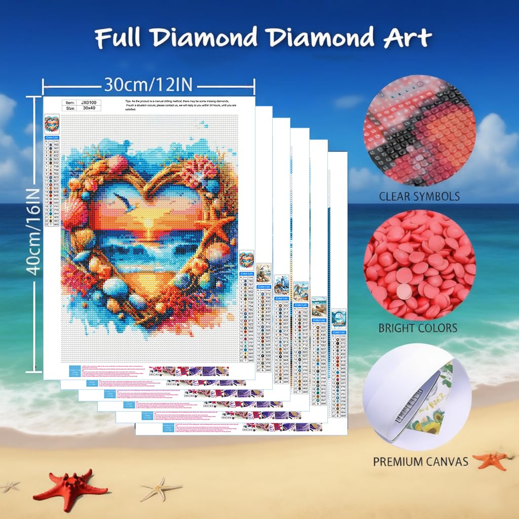 Clendo 6 Pack Beach Diamond Painting Kits for Adults, 5D Coast Diamond Art Kits for Beginners, DIY Full Round Drill Paint by Diamonds Dots for Home Wall Decor 12 x 16 Inch