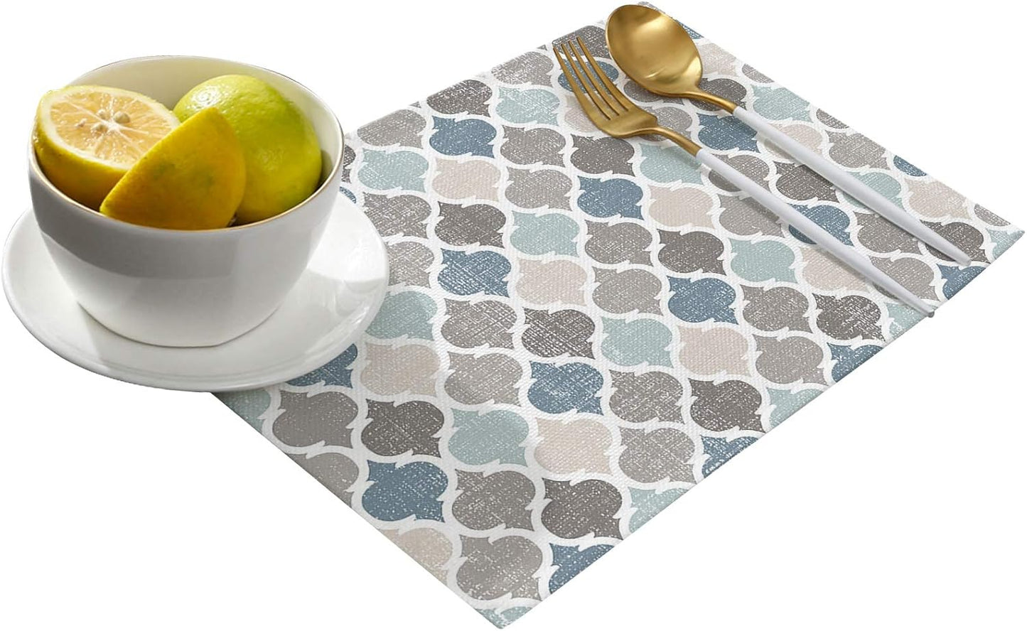 ALAGEO Retro Moroccan Plaid Placemats Set of 6 for Dining Table, Cotton Linen Geometric Quatrefoil Blue Beige Grey
