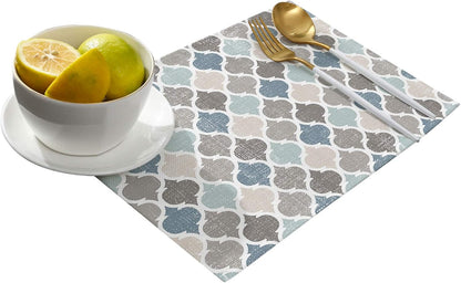ALAGEO Retro Moroccan Plaid Placemats Set of 6 for Dining Table, Cotton Linen Geometric Quatrefoil Blue Beige Grey