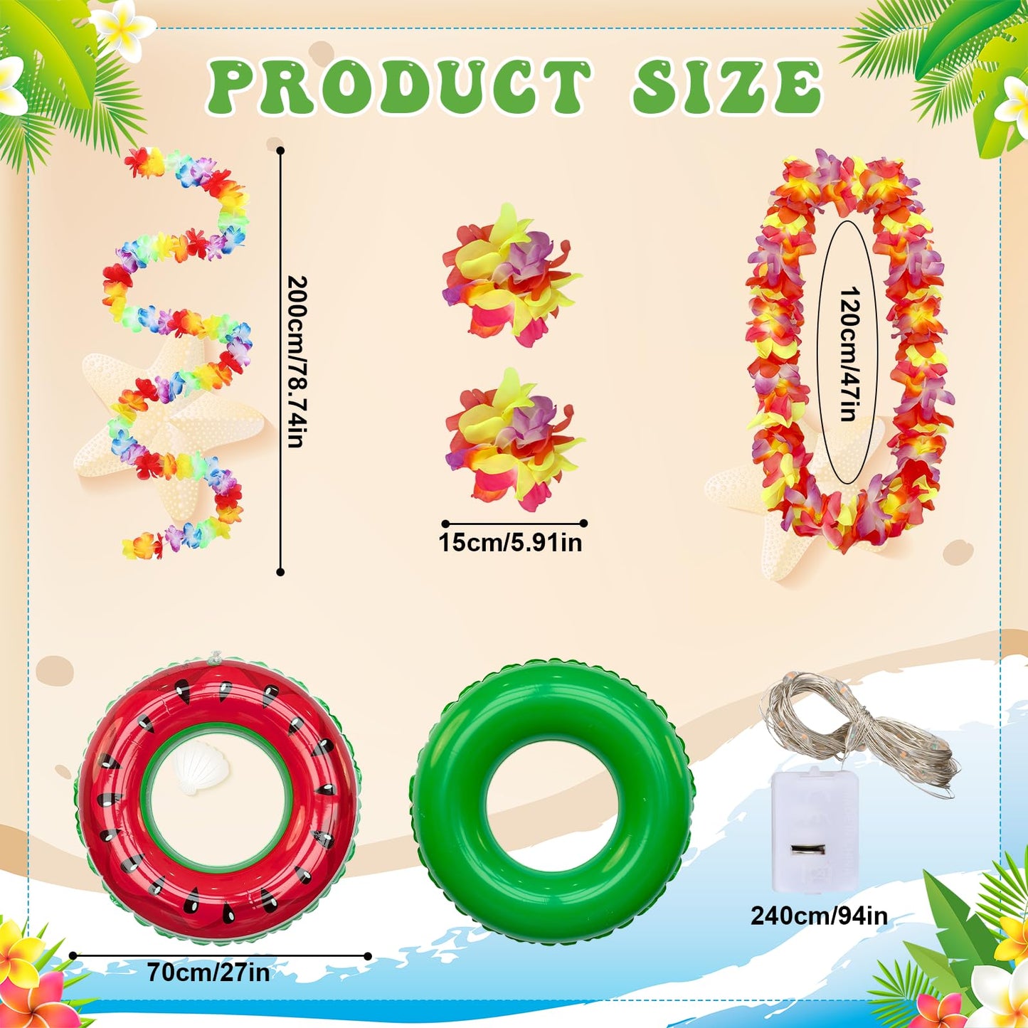 Jiytivity 8 Pcs 12 Ft Skeleton Summer Costume Set Hawaiian Skeleton Clothes Accessories Include Inflatable Watermelon Swimming Ring Hawaiian Leis Skirt Bracelet Glasses for Luau Garden Lawn Decor