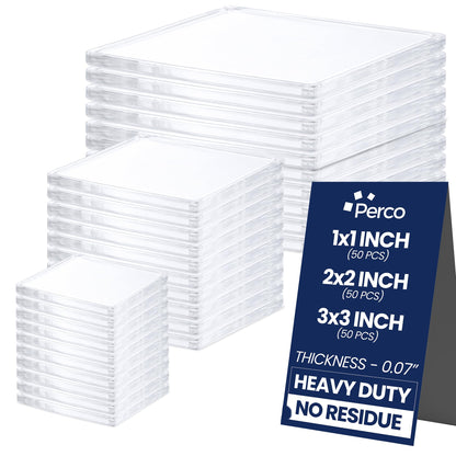 Perco Double Sided Tape Squares, Clear Nano Tape, 95 Pre-Cut Mounting Squares – 50 1"x1", 30 2"x2", 15 3"x3" – Multi-Size Adhesive for Wall Décor, Crafts, DIY, Office, Home Use, Multi-Purpose Projects
