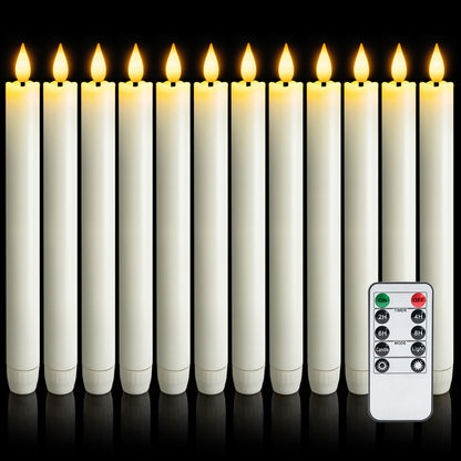 Meigic 12 Pcs Flameless Taper Candles with Remote Timer, Battery Operated Window Candles, White Plastic LED Candlesticks, for Wedding Halloween Christmas Church Decor, 9.6 inches