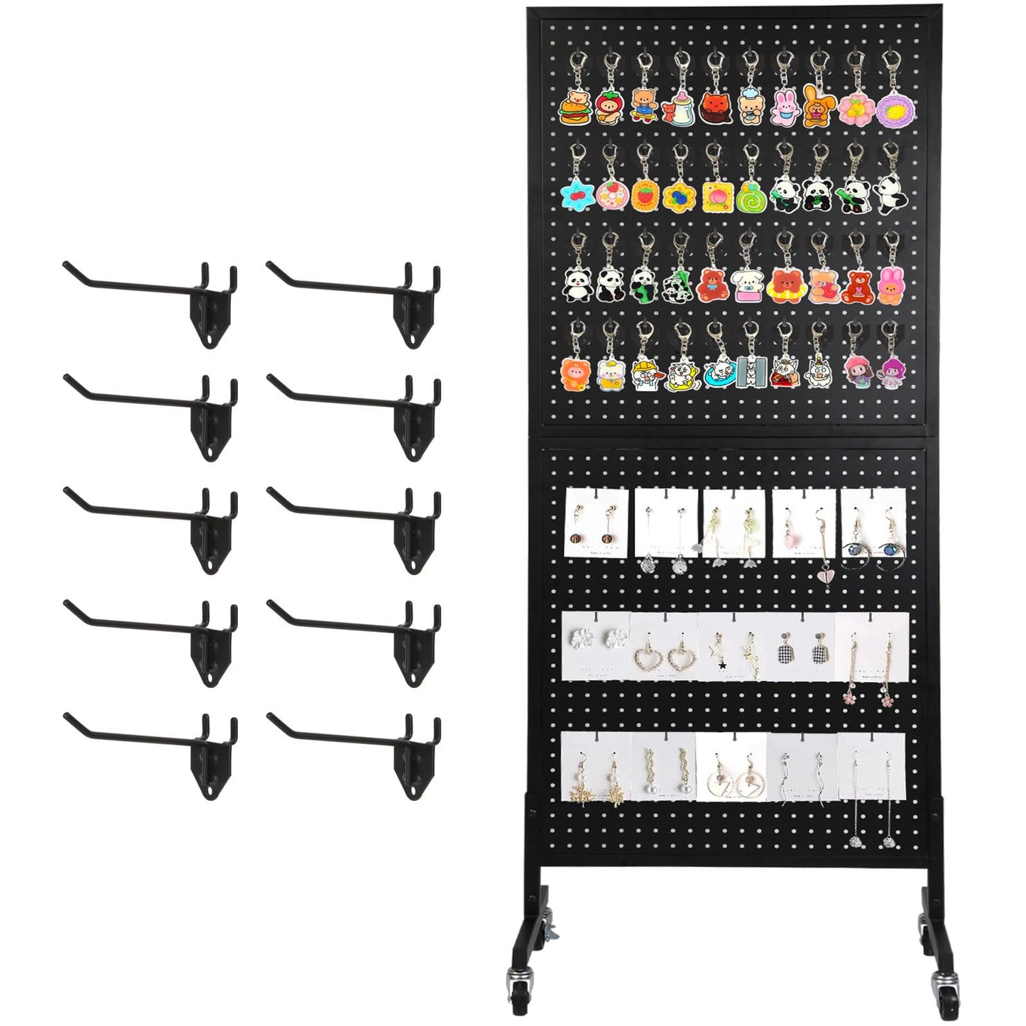 NectaCol 2'x 5' Standing Pegboard Display with T-Base, Pegboard Display Stand with Wheels, Metal Peg Board Display Rack, Art Display Stand, Extra 10 Pieces Hooks - Black