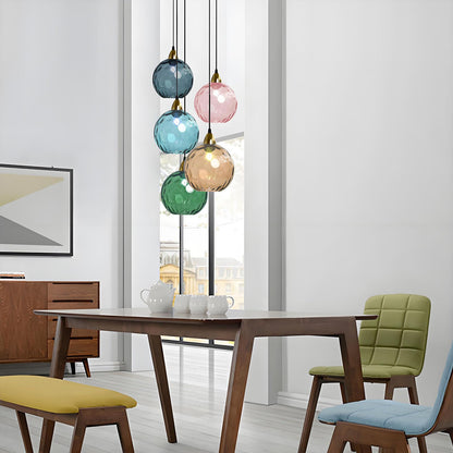 XIRYTU-H 20cm/7.9’’ Industrial Vintage Spherical Glass Pendant Light, E26 Ceiling Hanging Lamp, Gold Finish & Ripple Glass Globe Shade, Dining Room Bedroom Chandelier (Azure Blue)