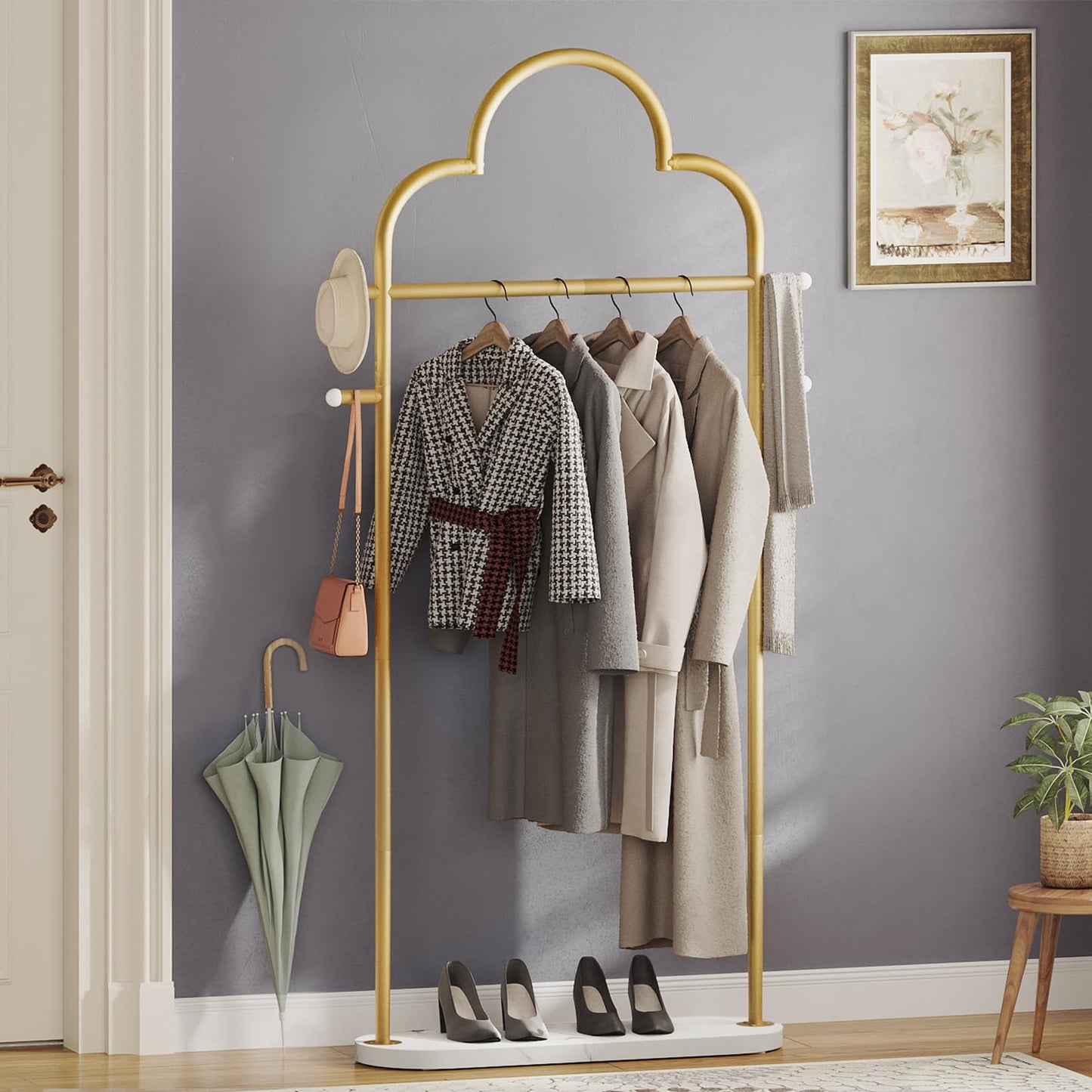 YATINEY Coat Rack Freestanding, Heavy Duty Clothes Rack with 4 Hooks, Metal Coat Hanger Stand with Stable Base, Gold Clothing Rack for Entryway, Bedroom, Office, Gold and Marble White YM04DM